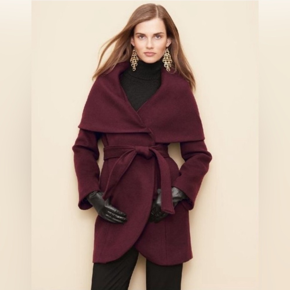 T Tahari XS Marla Port Wine Elegant Fall City Double Faced Wool Belted Wrap Coat